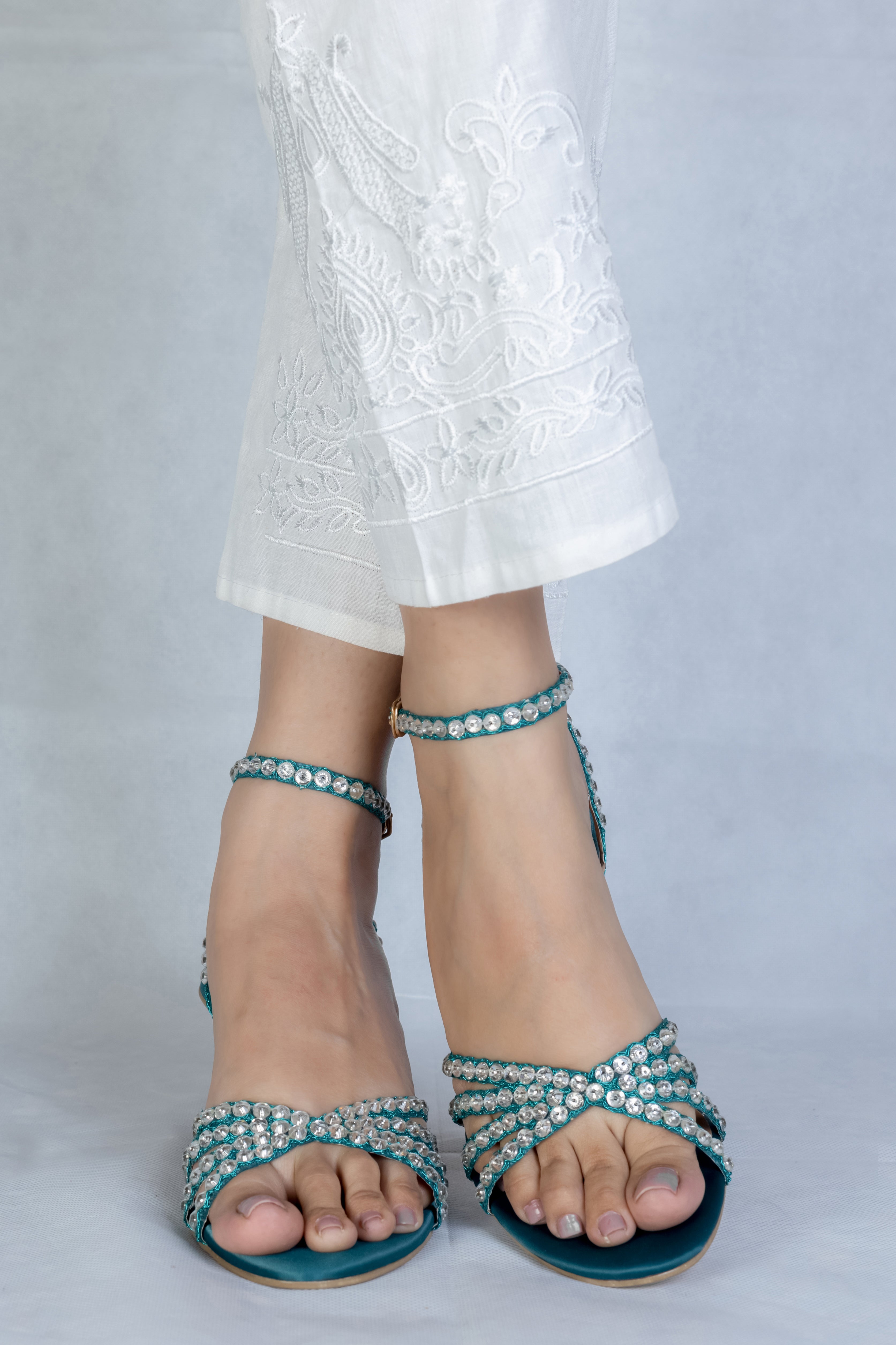 Teal Rhinestone Strap Transparent Heels-G