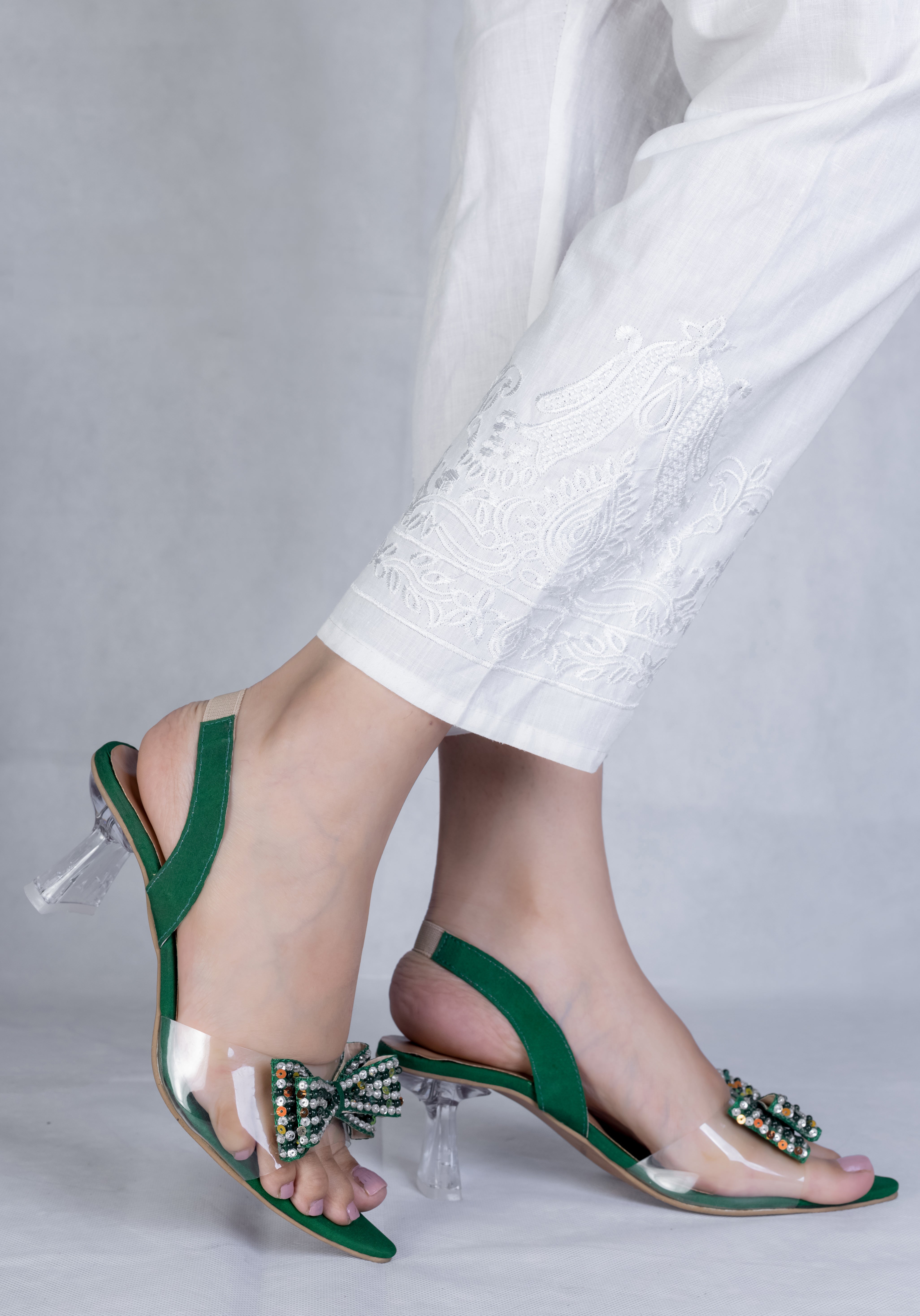 Green Crystal Bow Transparent Heels