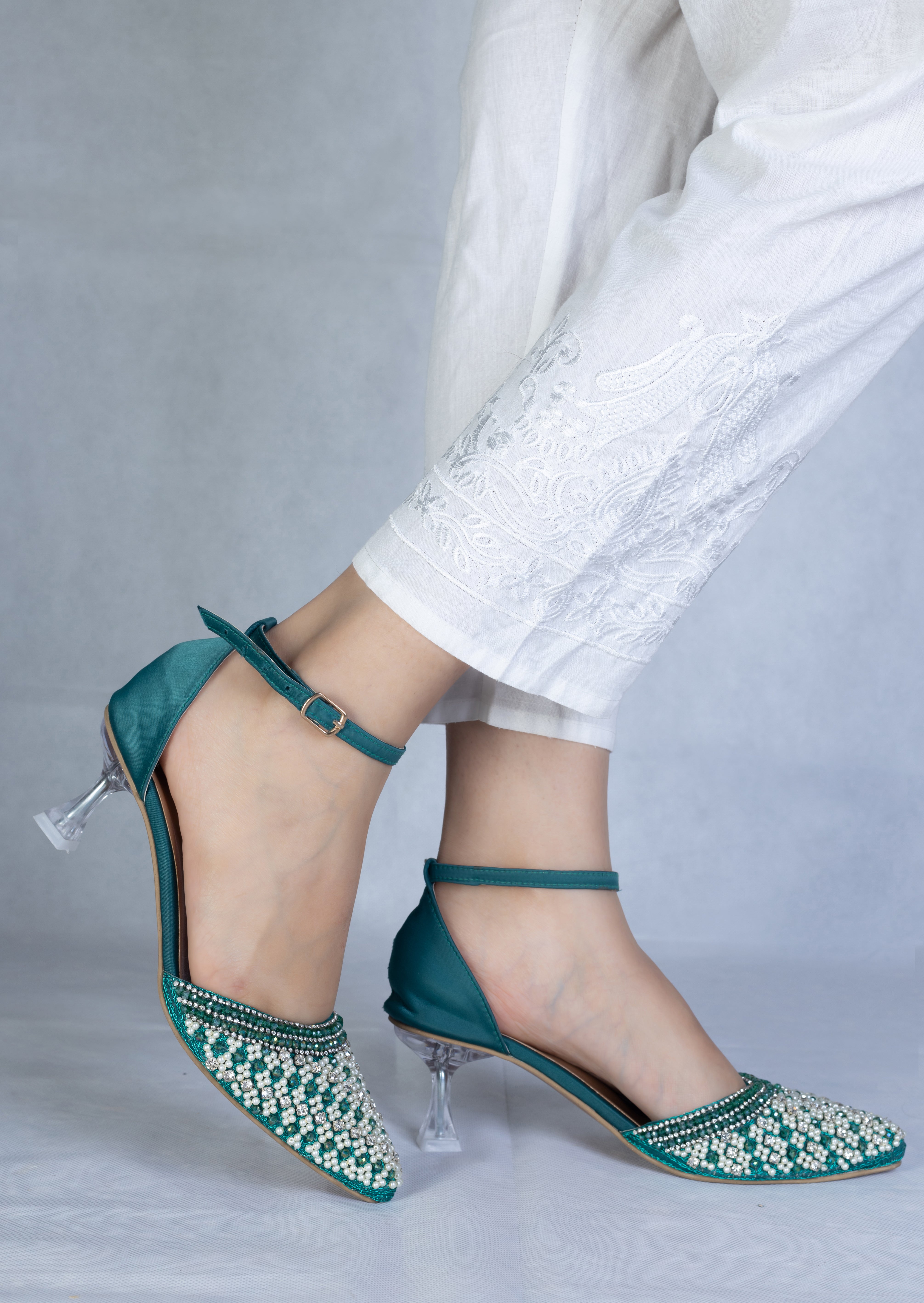 Teal Embellished Pointed-Toe Slingback Heels