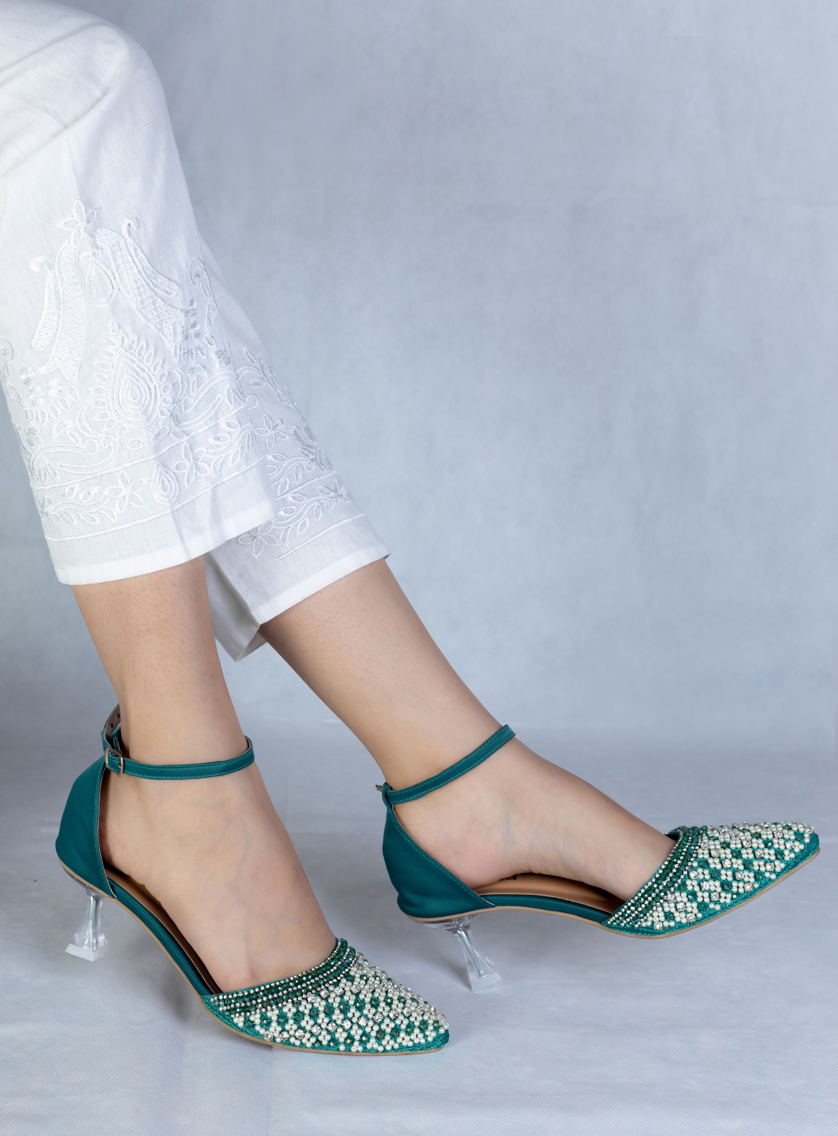 Teal Embellished Pointed-Toe Slingback Heels