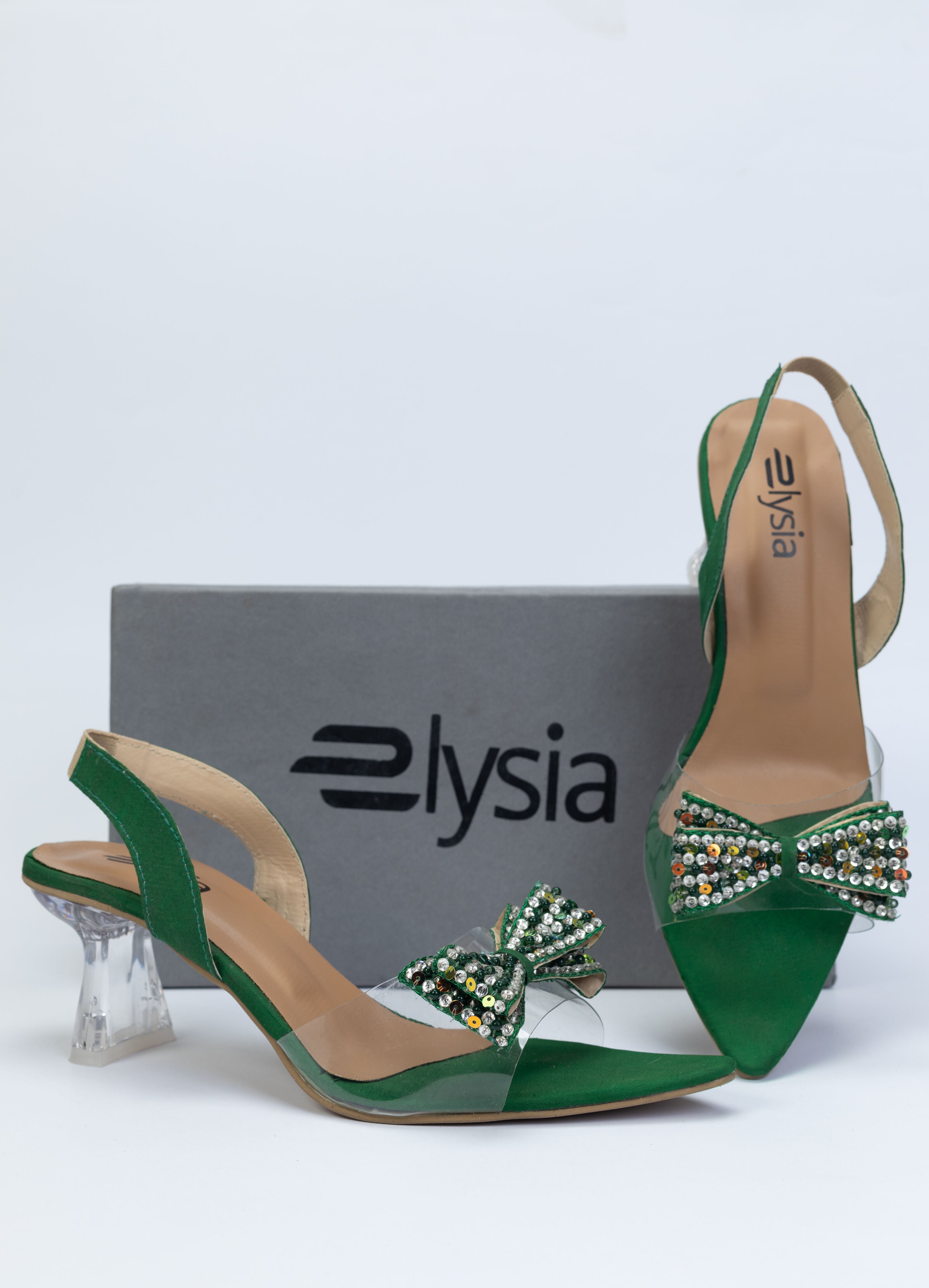 Green Crystal Bow Transparent Heels