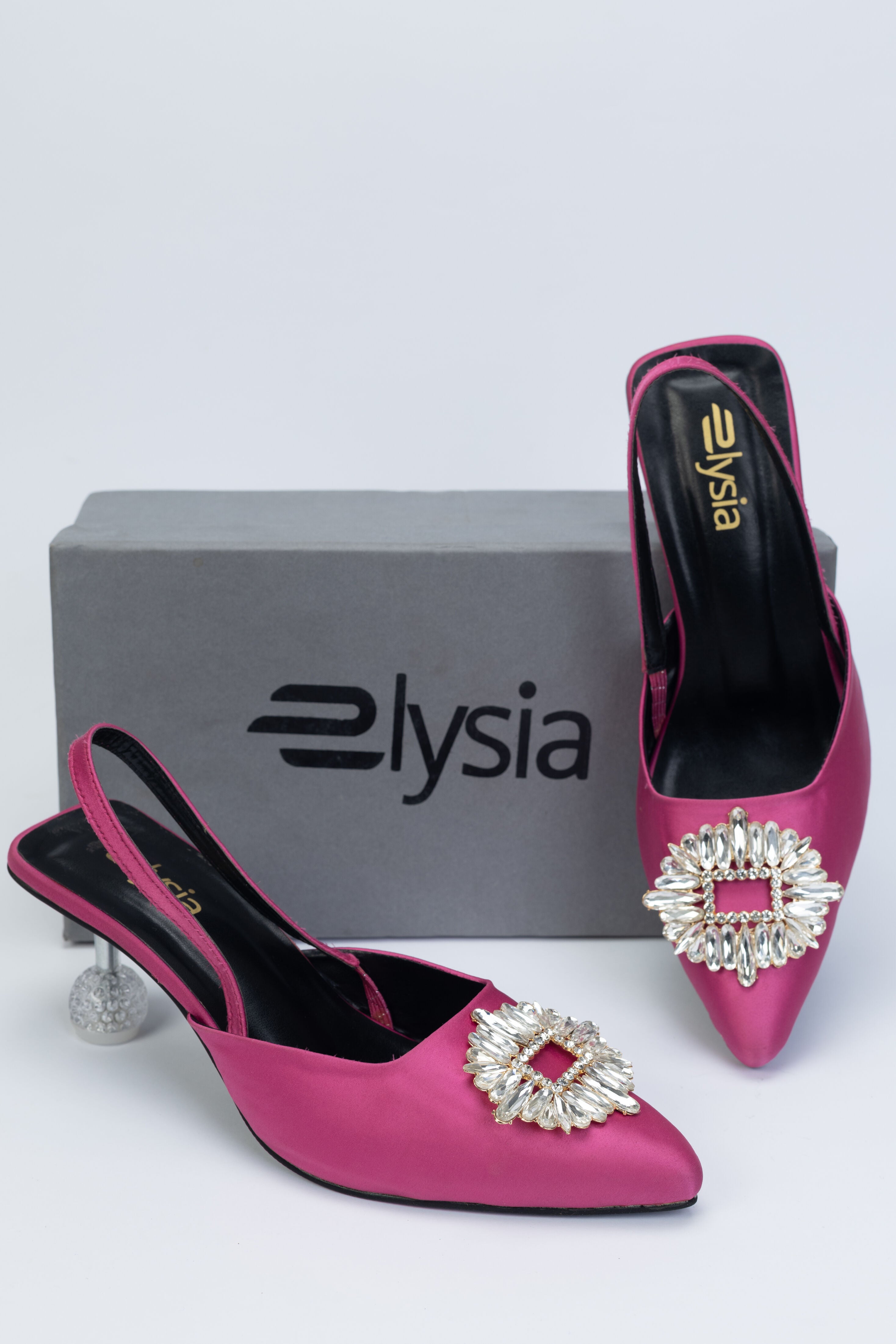 Pink Satin Slingback Heels with Crystal Buckle