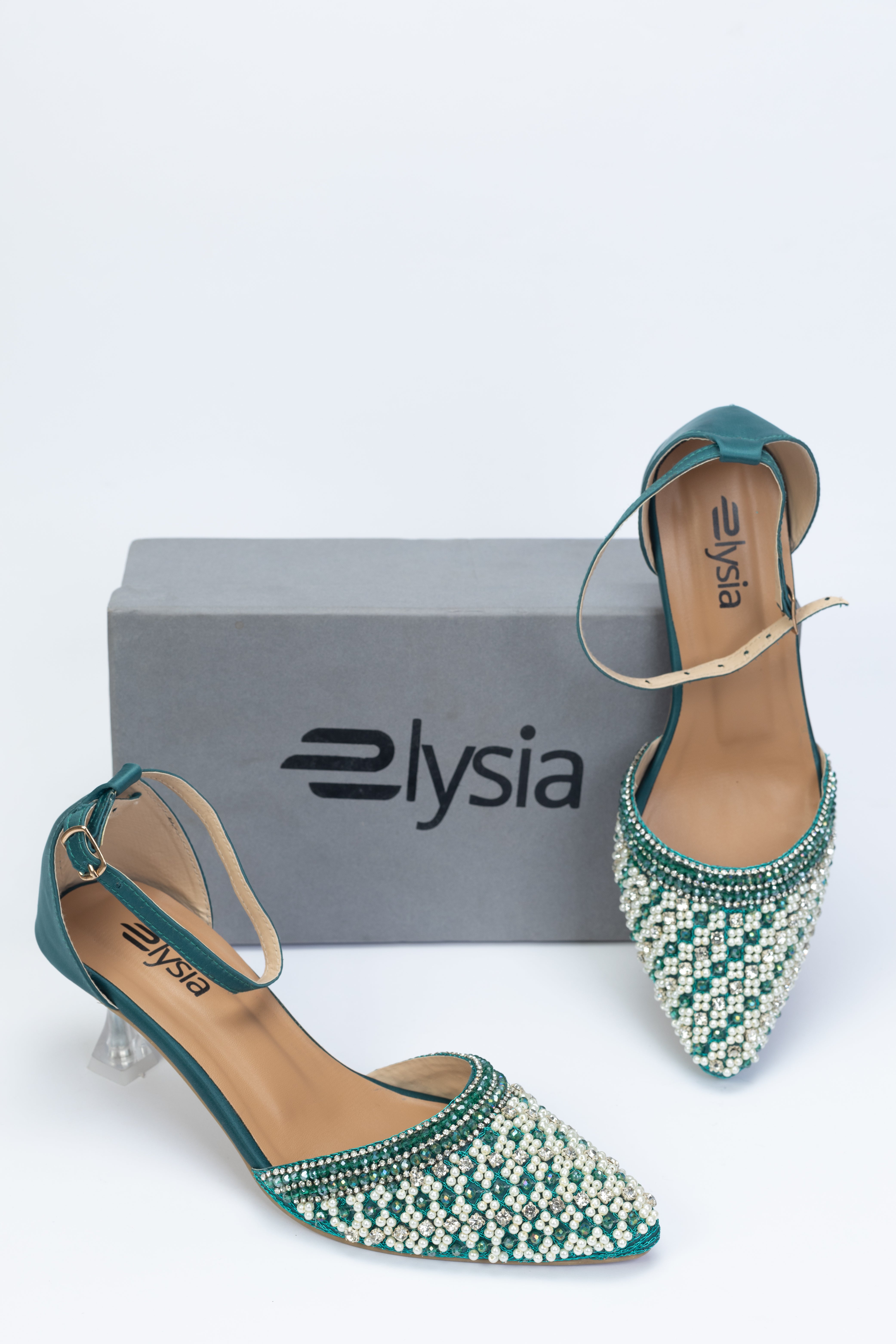 Teal Embellished Pointed-Toe Slingback Heels