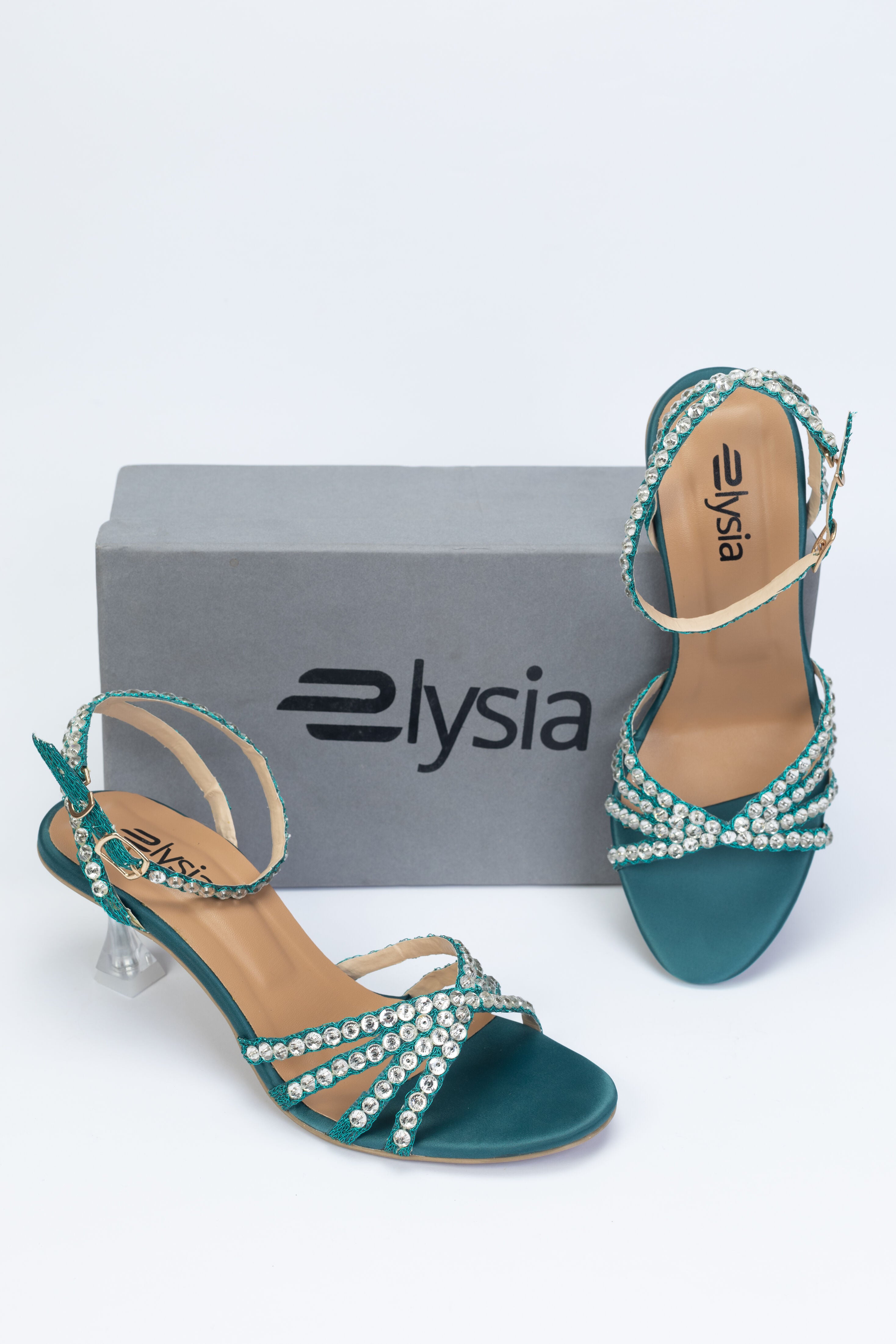 Teal Rhinestone Strap Transparent Heels-G